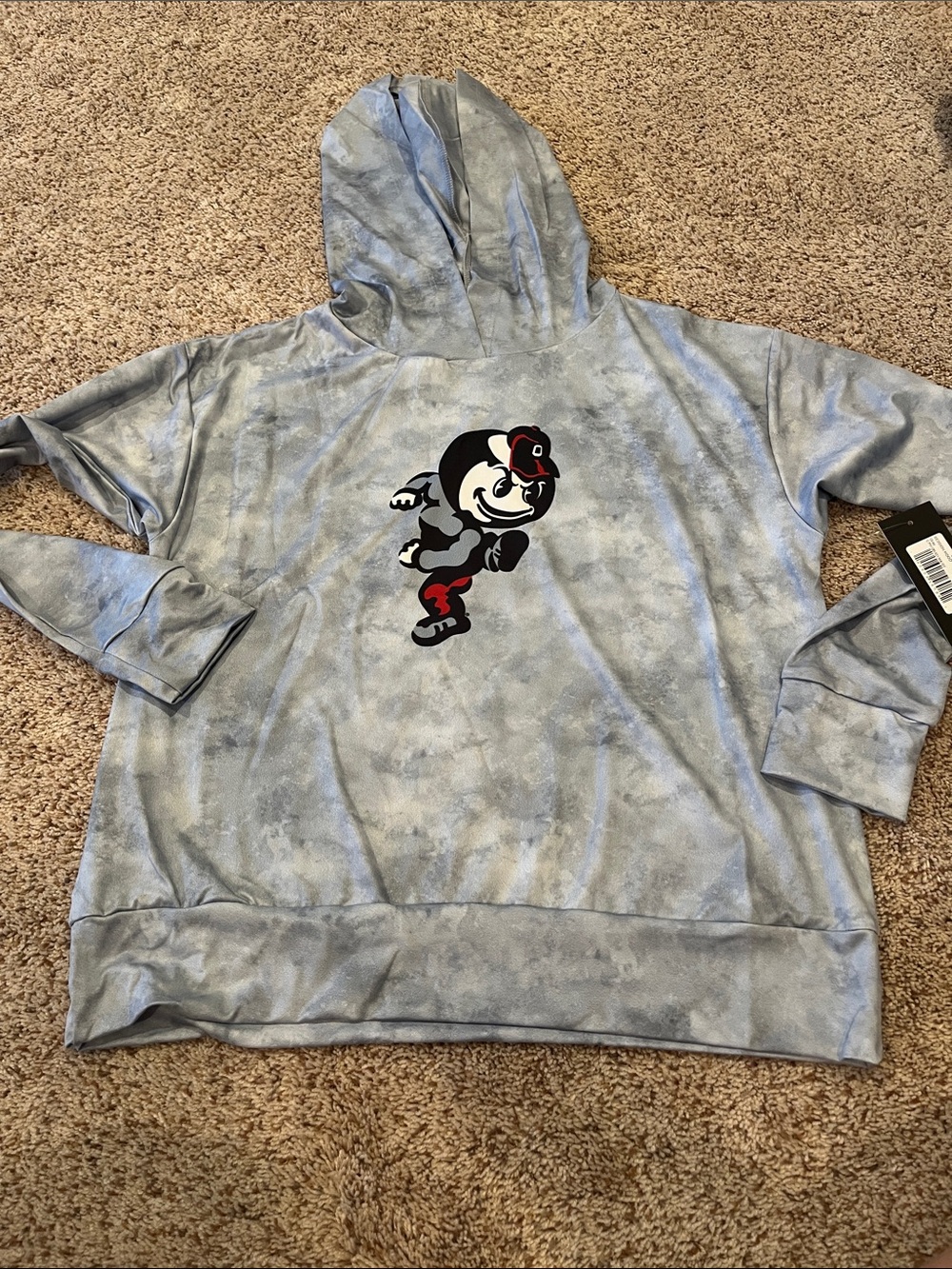 Light Gray Hooded Sweatshirt with Retro Brutus Buckeye Mascot Graphic